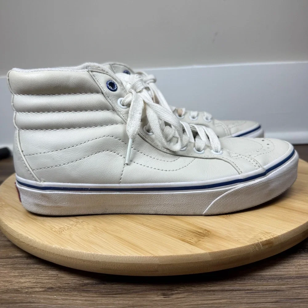 Vans Sk8-Hi Sneakers Womens 7 Mens 5.5 Off-White Leather Good High Top Blue Trim